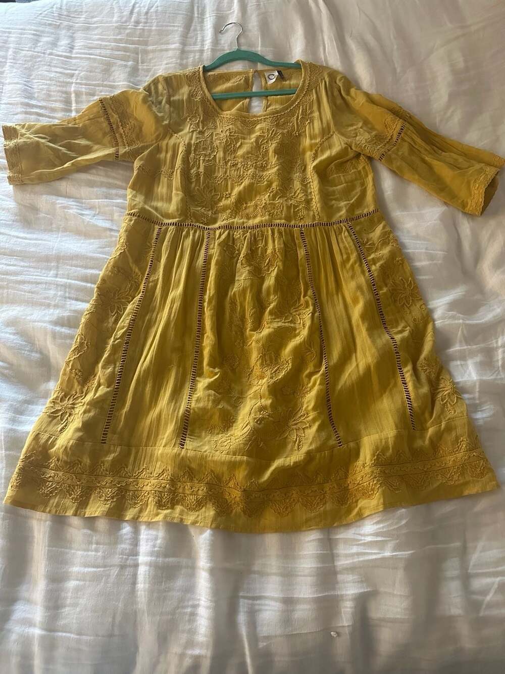 Akemi + Kin Anthropologie Yellow Embroidered Babydoll Mini Dress